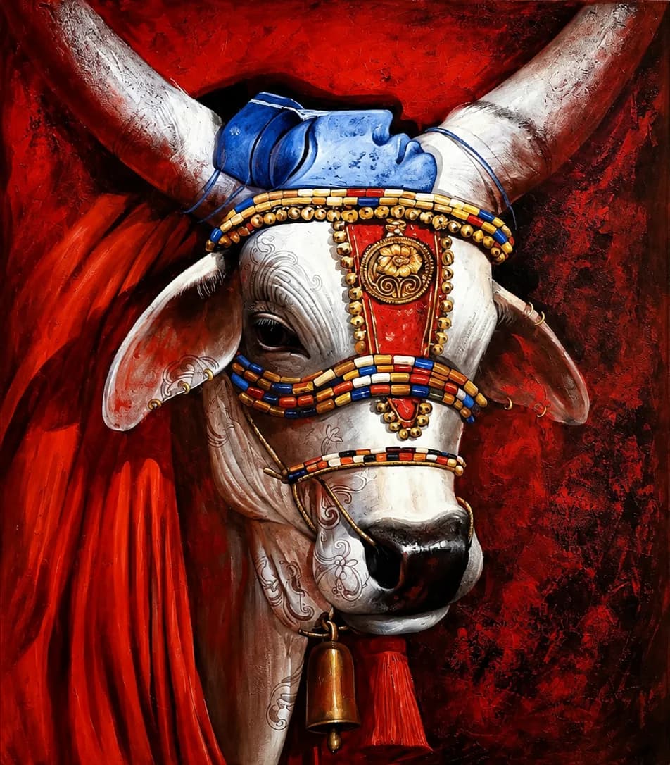 A painted portrait of an Indian cow adorned in traditional ornaments
